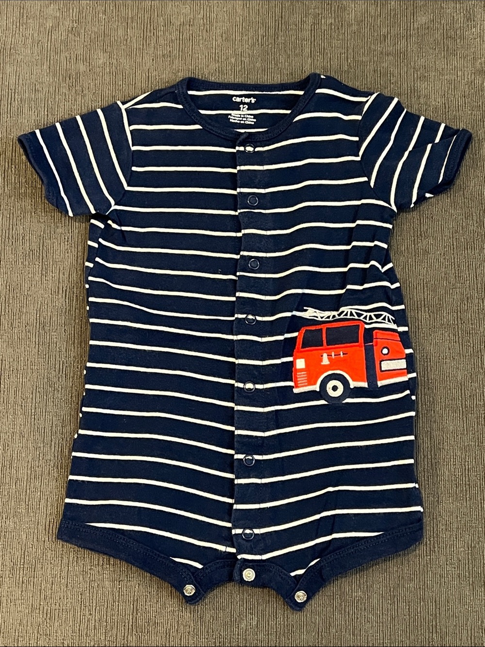 Carter's 12M Navy & White Striped Romper with Red Fire Truck